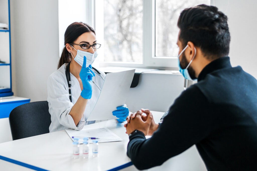 Preventive healthcare concept with doctor showing checkup results and patient staying healthy at home.